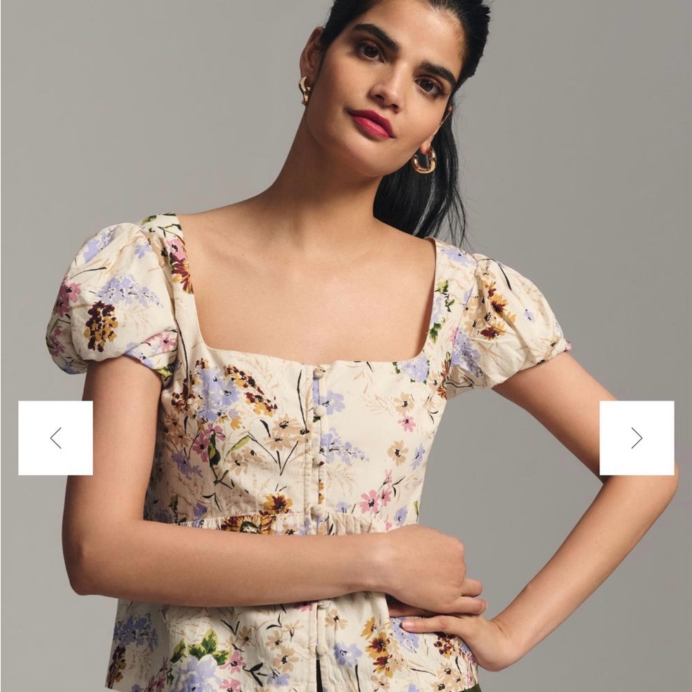 Anthropologie Floral Puff Sleeve Top - Cream and Purple